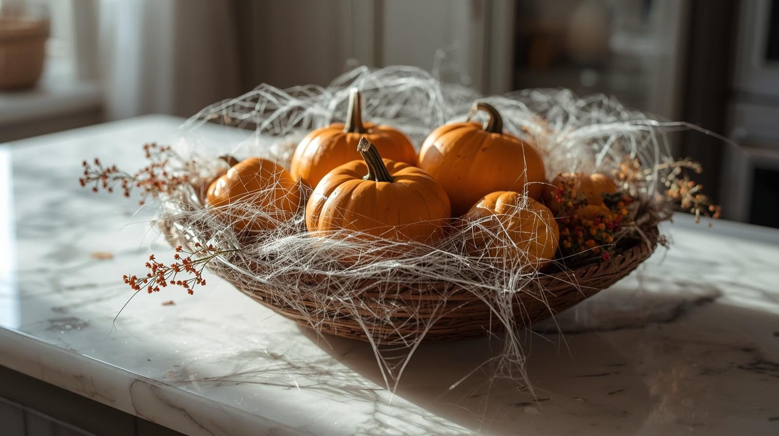 Halloween pumpkins on a marble kitchen worktop styled for Trick or Treat: Spooky Secrets of Kitchen Design.
