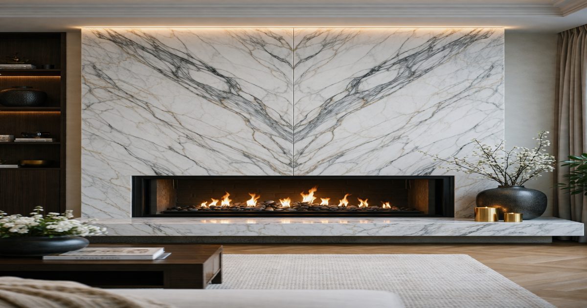 A marble bookmatched fireplace