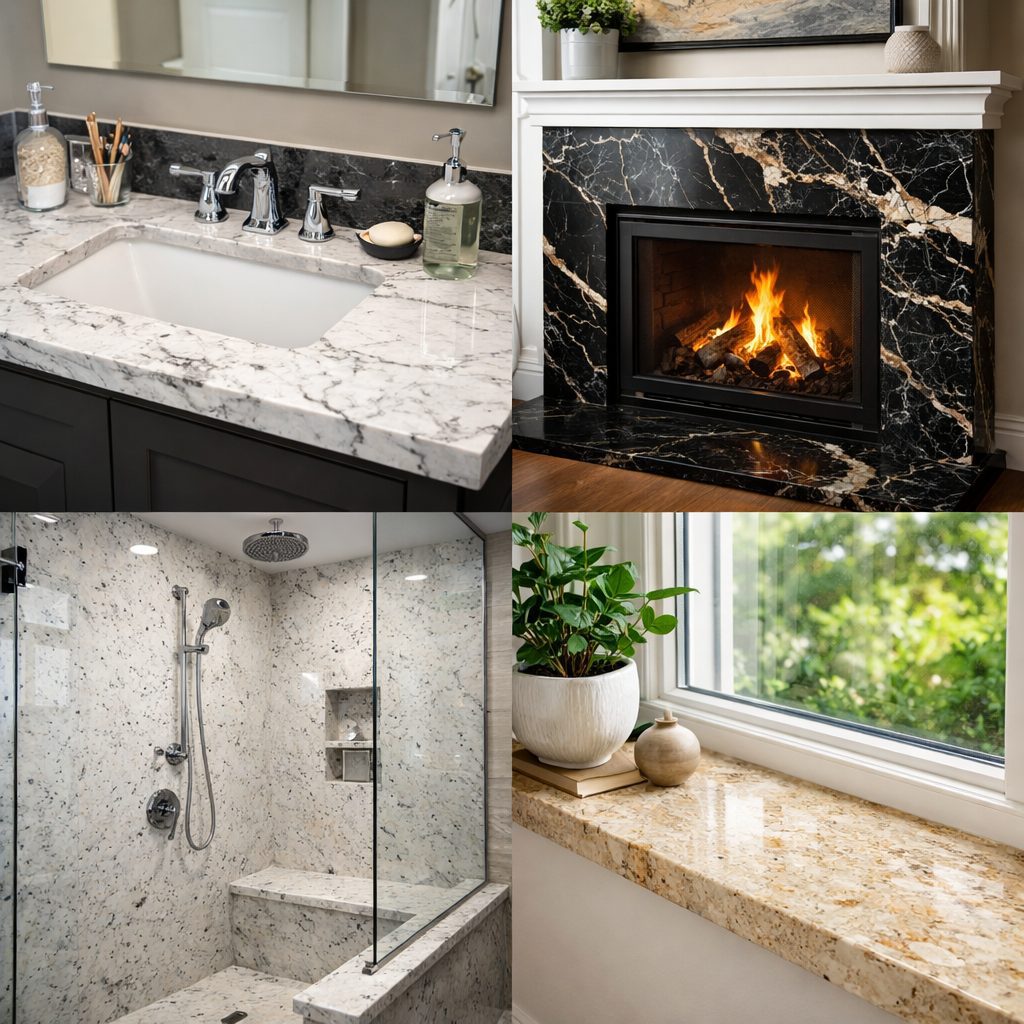 Stone features beyond the kitchen including marble bathroom vanity, black marble fireplace surround, stone shower enclosure and granite window sill.