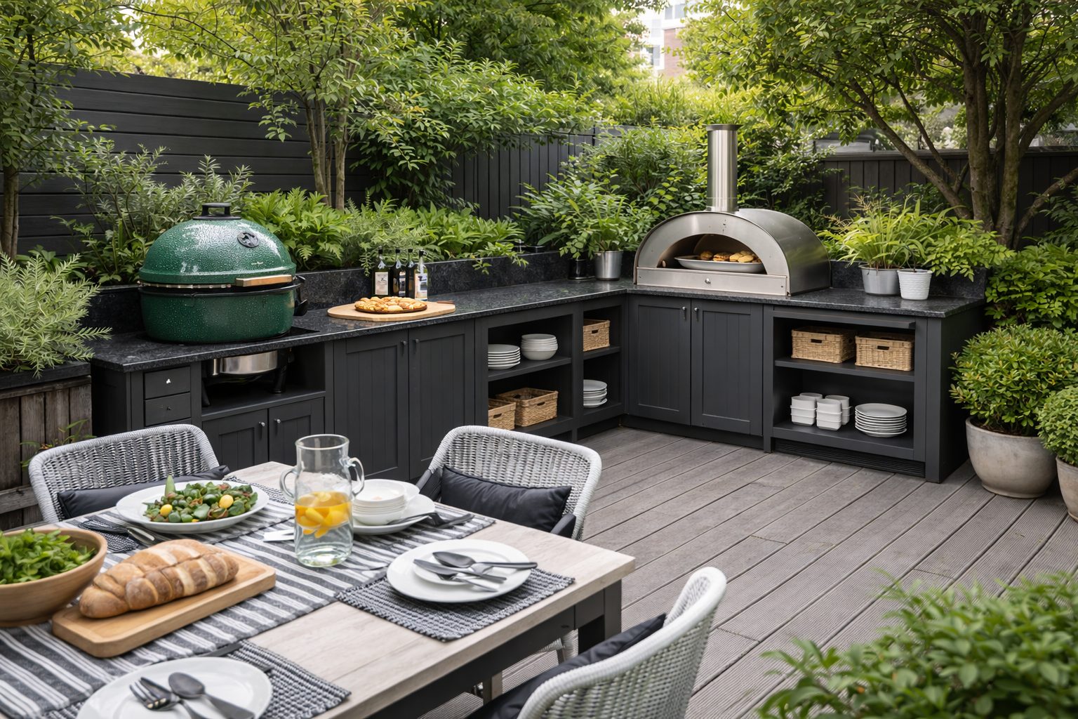 Modern outdoor kitchen and dining area with granite worktops - 5 Things to Consider