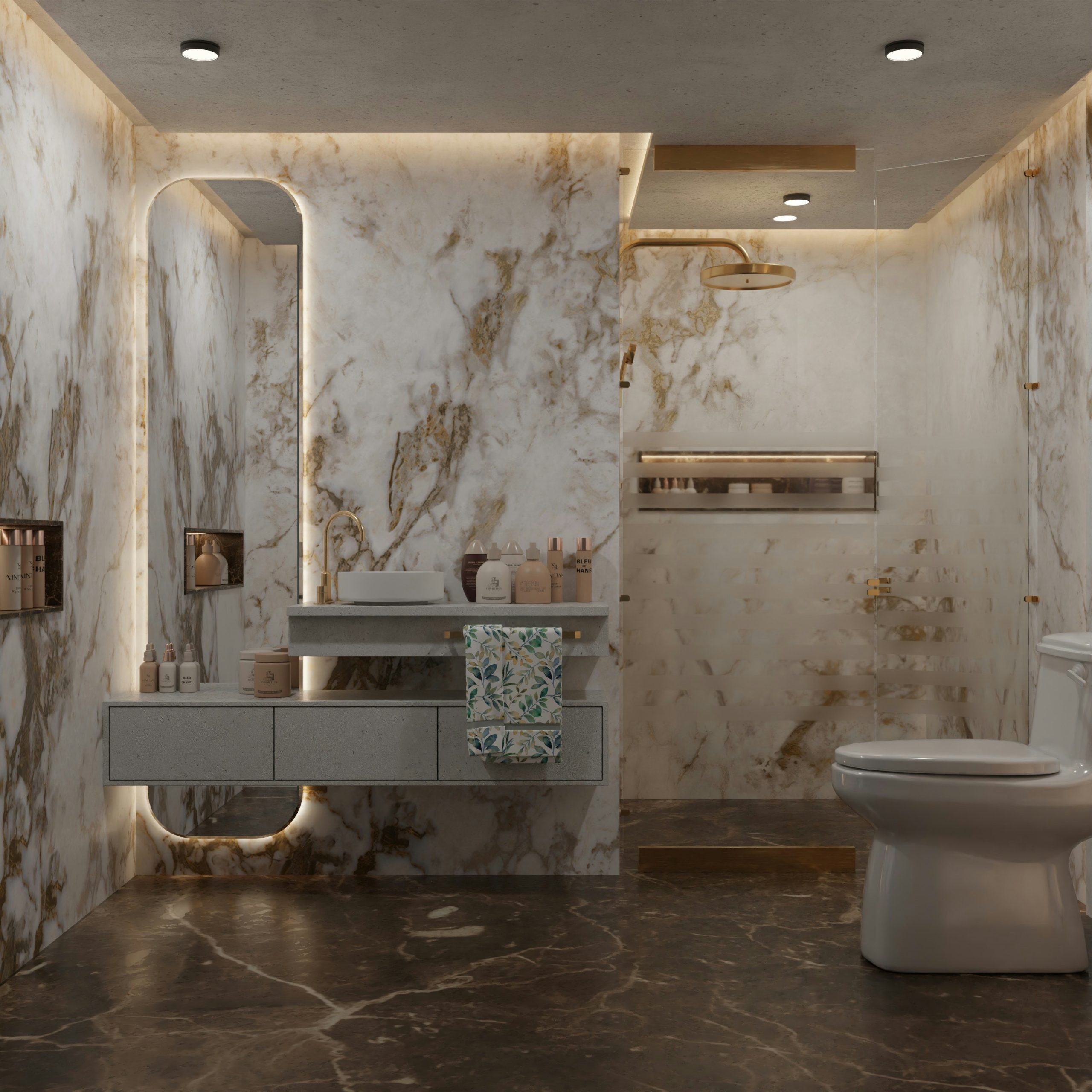 Large-format modern bathroom with white marble featuring beige veining