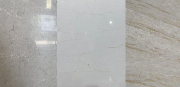 Slab images of Taj Mahal, White Onyx and Elegant Grey quartz from the Eterno collection
